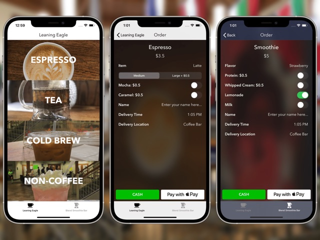Leaning Eagle iOS app screens: menu, espresso order with Apple Pay, and smoothie customization