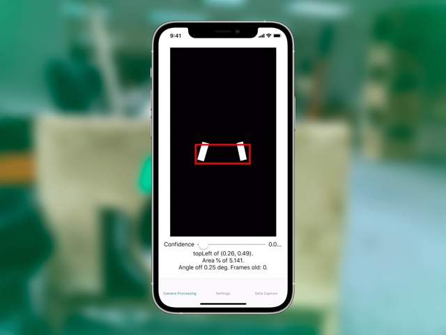 iPhone app tracking a vision target with confidence and angle readouts